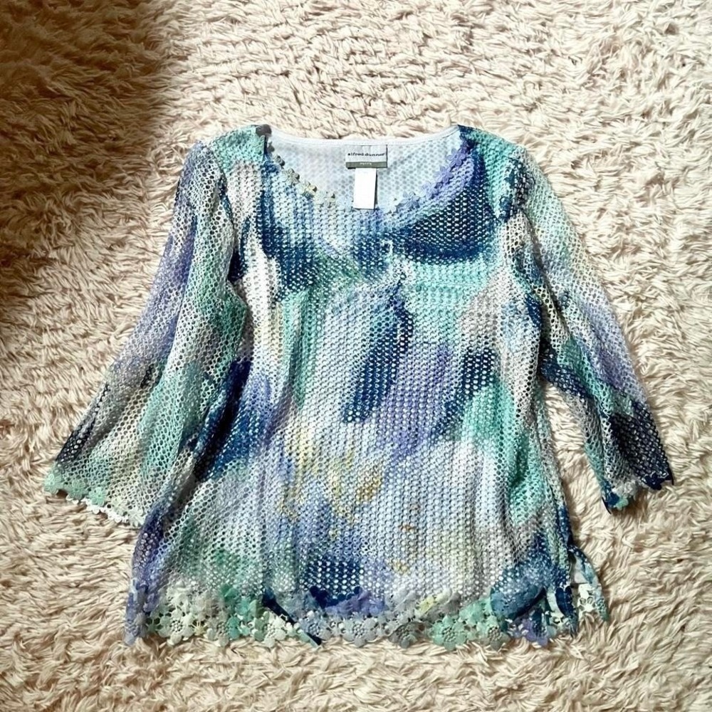 Watercolor Abstract Floral Sparkle Whimsical PopArt Open Knit Lined Top Womens S